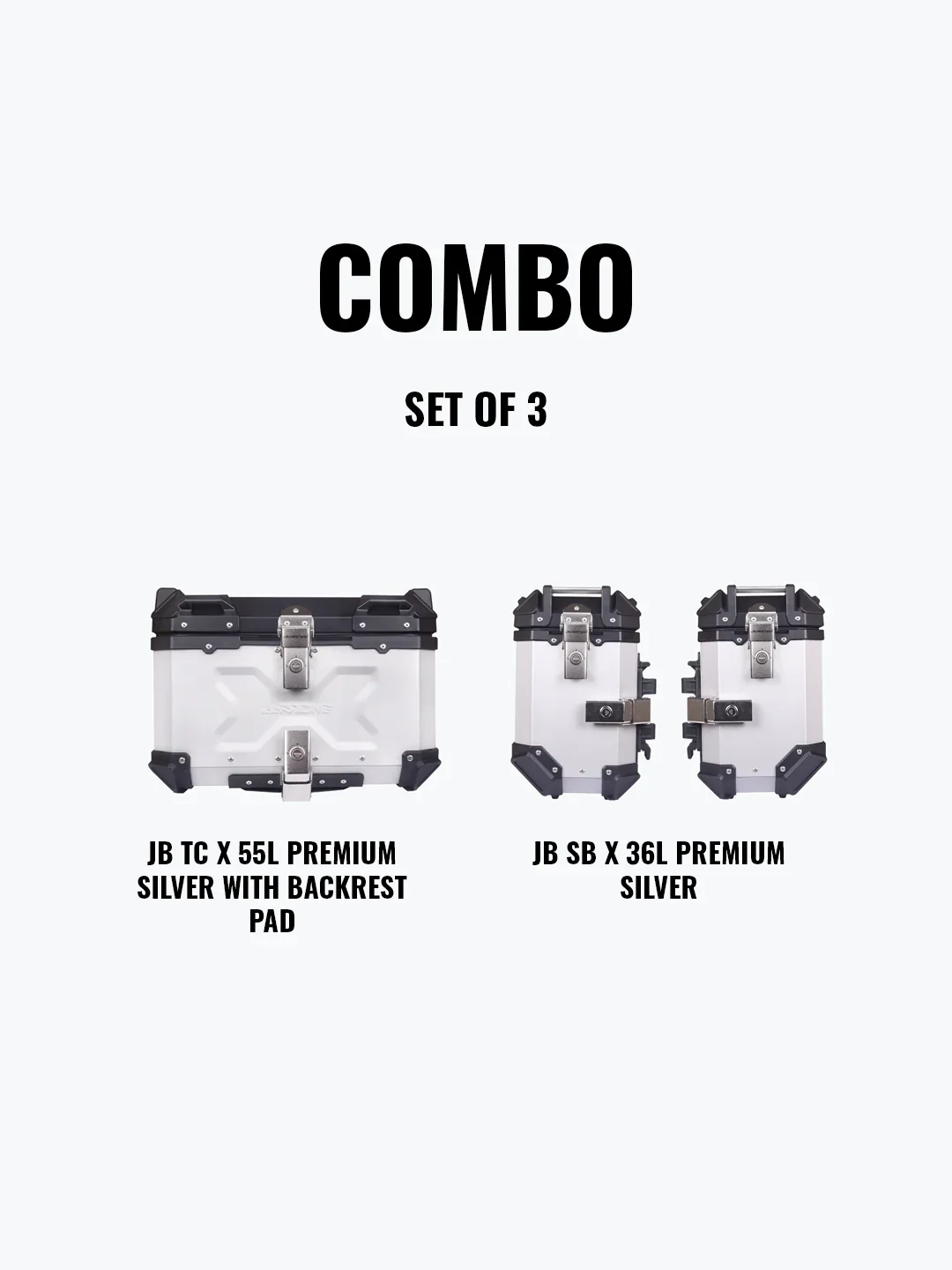 Set Of 3 Combo OF JB TC X 55L Premium Silver With Backrest Pad + JB SB X36L Premium Silver - Image 3